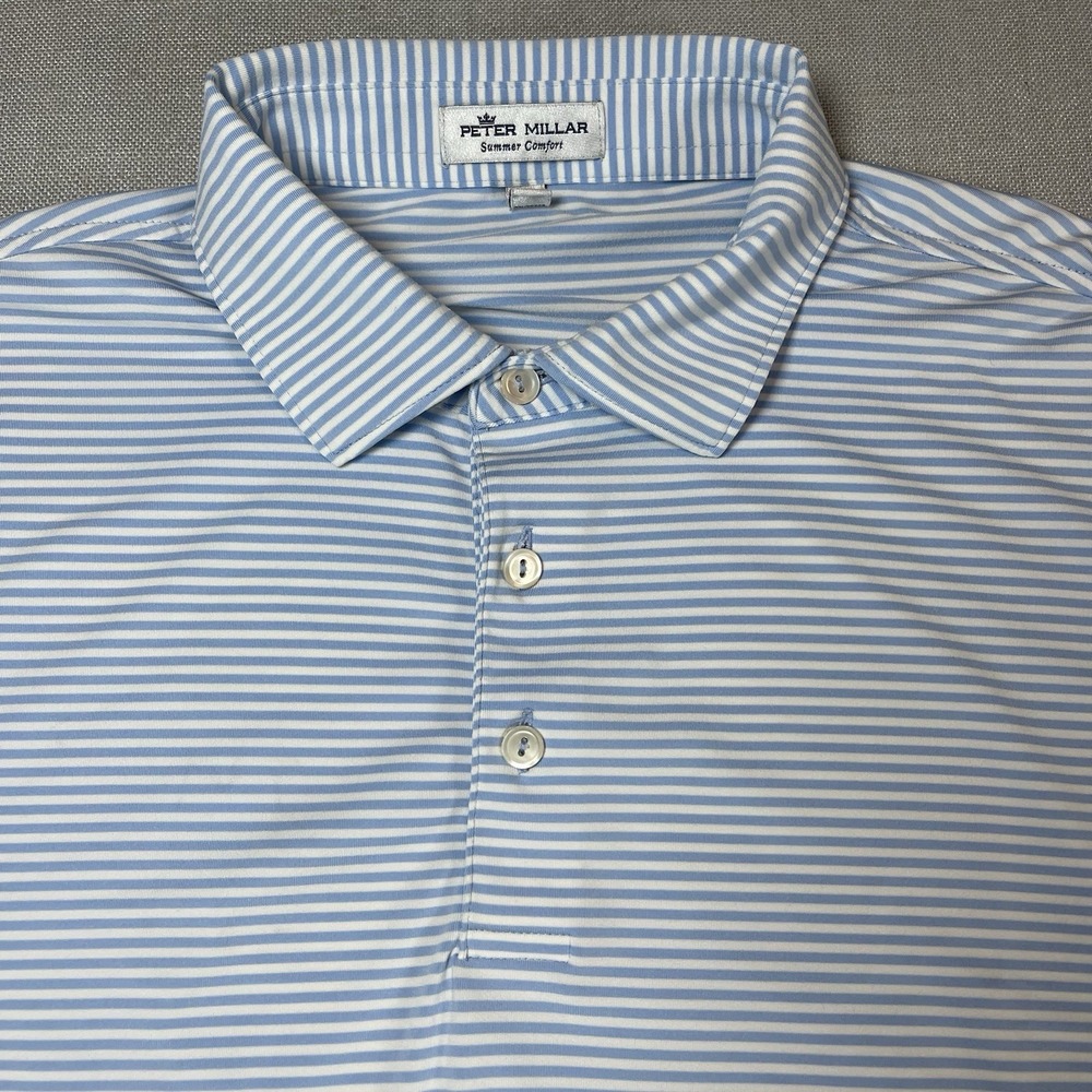 Peter Millar Men's Light Blue Striped Summer Comfort Golf Polo Shirt L *FLAW* - Picture 3 of 9
